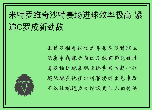 米特罗维奇沙特赛场进球效率极高 紧追C罗成新劲敌 米特罗维奇沙特赛场进球效率极高 紧追C罗成新劲敌