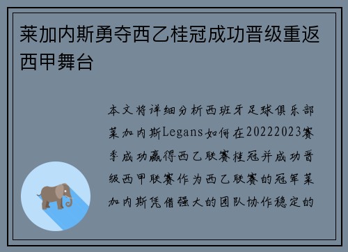 莱加内斯勇夺西乙桂冠成功晋级重返西甲舞台 莱加内斯勇夺西乙桂冠成功晋级重返西甲舞台