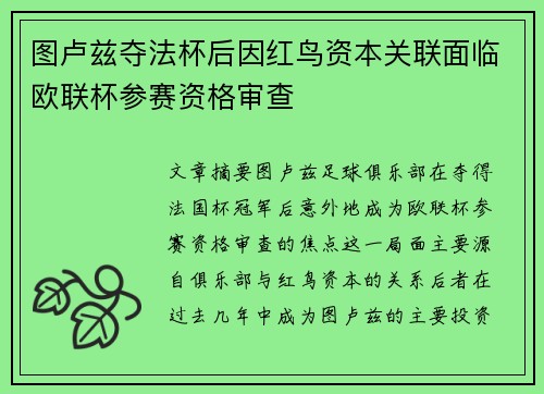 图卢兹夺法杯后因红鸟资本关联面临欧联杯参赛资格审查 图卢兹夺法杯后因红鸟资本关联面临欧联杯参赛资格审查