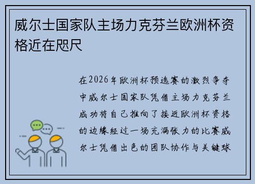 威尔士国家队主场力克芬兰欧洲杯资格近在咫尺