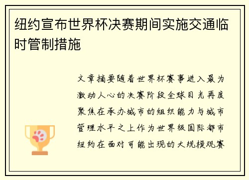 纽约宣布世界杯决赛期间实施交通临时管制措施 纽约宣布世界杯决赛期间实施交通临时管制措施